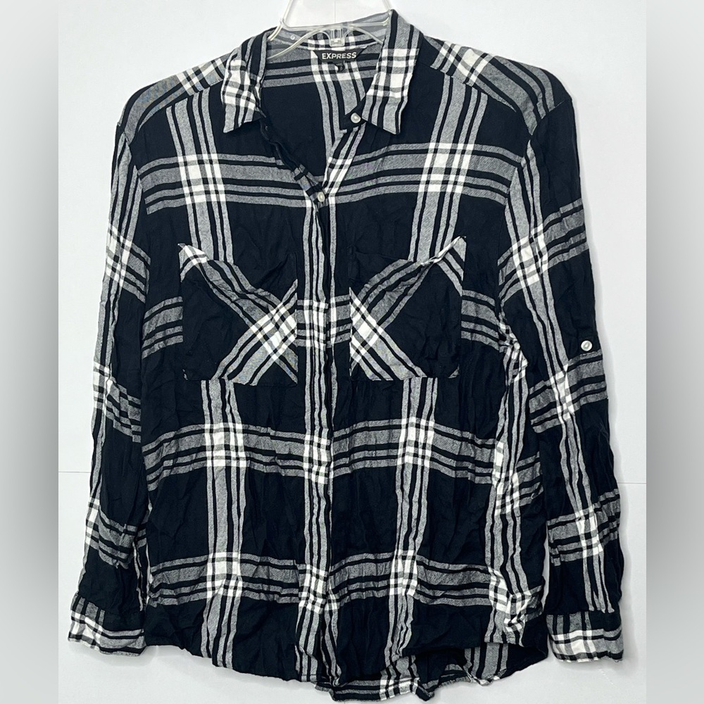 Express Women's Sz Medium Black & White Plaid Flannel Button Up Shirt
